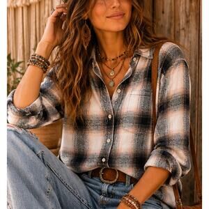 Madewell Plaid Flannel Button Front Shirt Women’s Medium Gray Pink 100% Cotton